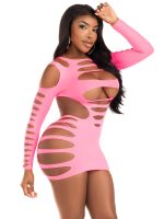 Opaque Shredded Cut Out Mini Dress - One Size - Neon Pink - Image 5