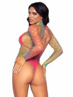 High Neck Fence Net Long Sleeve Bodysuit With Snap Crotch Thong Panty - One Size - Rainbow - Image 5