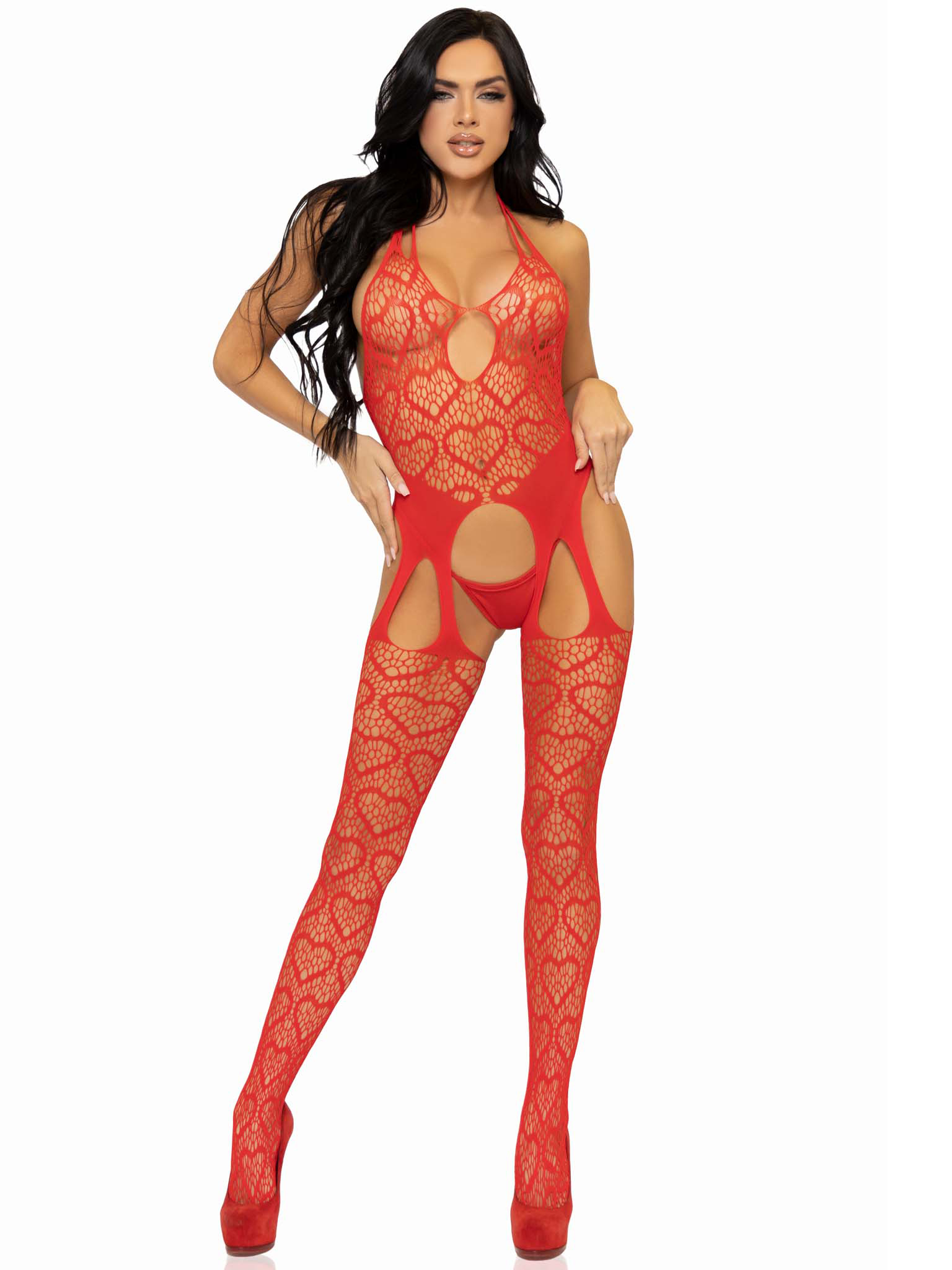 HOLA-89306REDOS.jpg Seamless Heart Net Suspender Bodystocking - One Size - Red - Image 1