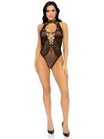 Net and Lace Keyhole Halter Bodysuit - One Size - Black - Image 2