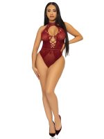 Net and Lace Keyhole Halter Bodysuit - One Size - Burgundy - Image 5