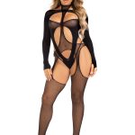2 Pc Fishnet Suspender Lingerie Jumpsuit and Layered Opaque Teddy O-s - Black