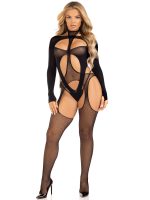 2 Pc Fishnet Suspender Lingerie Jumpsuit and Layered Opaque Teddy O-s - Black