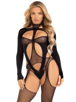 2 Pc Fishnet Suspender Lingerie Jumpsuit and Layered Opaque Teddy O-s - Black - Image 2