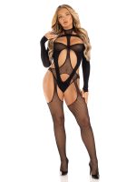 2 Pc Fishnet Suspender Lingerie Jumpsuit and Layered Opaque Teddy O-s - Black - Image 3