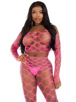 2 Pc Net Crop Top and Footless Tights - One Size - Neon Pink - Image 2