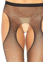 Casey Rhinestone Fishnet Suspender Pantyhose - One Size - Black - Image 2