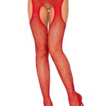 Casey Rhinestone Fishnet Suspender Pantyhose - One Size - Red