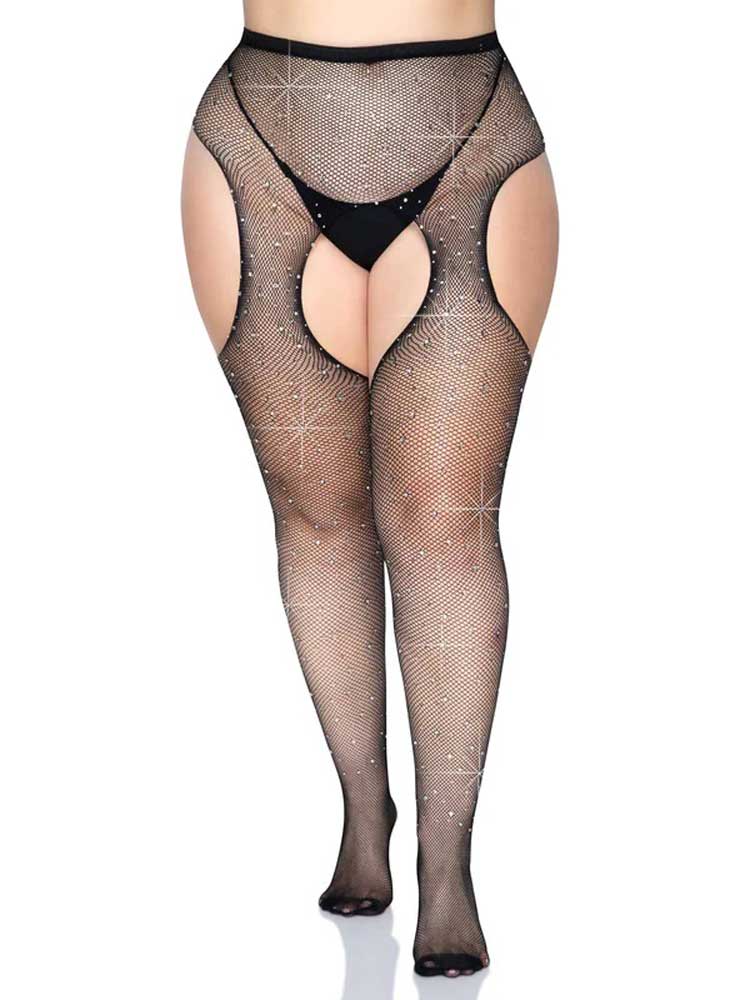 HOLA-9108XBLKQ.jpg Casey Rhinestone Fishnet Suspender Pantyhose - Queen - Black - Image 1
