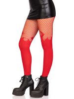 Opaque Flame Tights With Fishnet Top - One Size - Red - Image 3