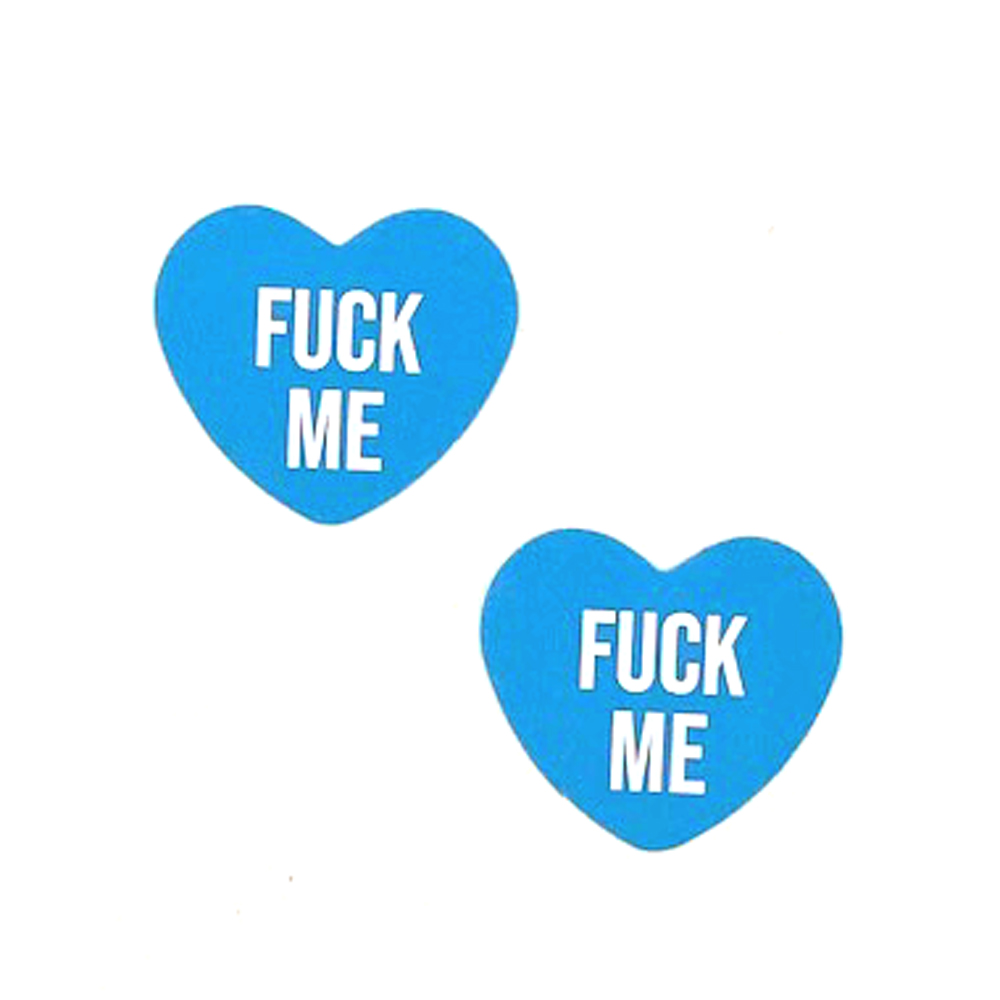 HONN-FUM-CAH-BLU.jpg Fuck Me Blue Candy Heart Pasties - Image 1