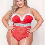 Rhinestone Studded Mesh Teddy With Marabou Trim - 3x-4x - Red
