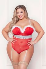 Rhinestone Studded Mesh Teddy With Marabou Trim - 3x-4x - Red